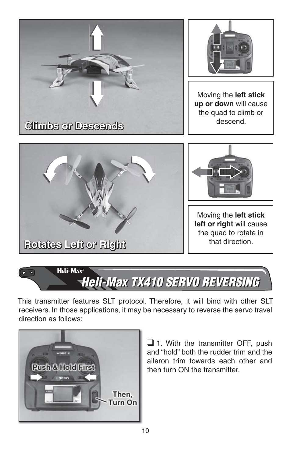 Heli-max tx410 servo reversing, Climbs or descends, Rotates left or right | Heli-Max HMXE0835 User Manual | Page 10 / 16