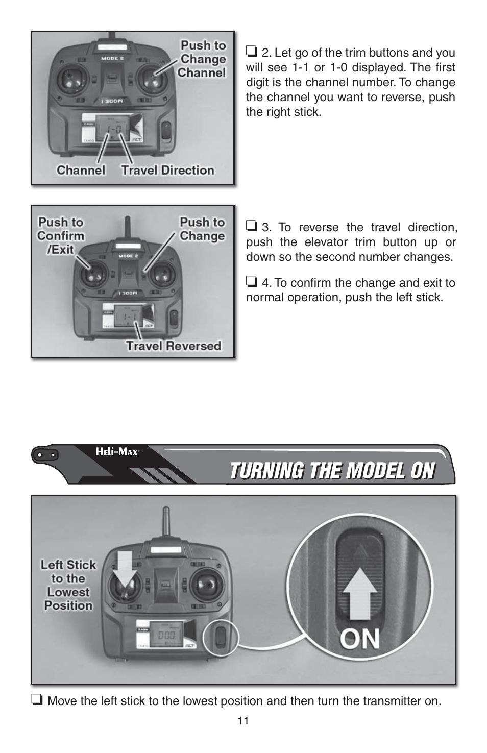 Turning the model on | Heli-Max HMXE0835 User Manual | Page 11 / 16