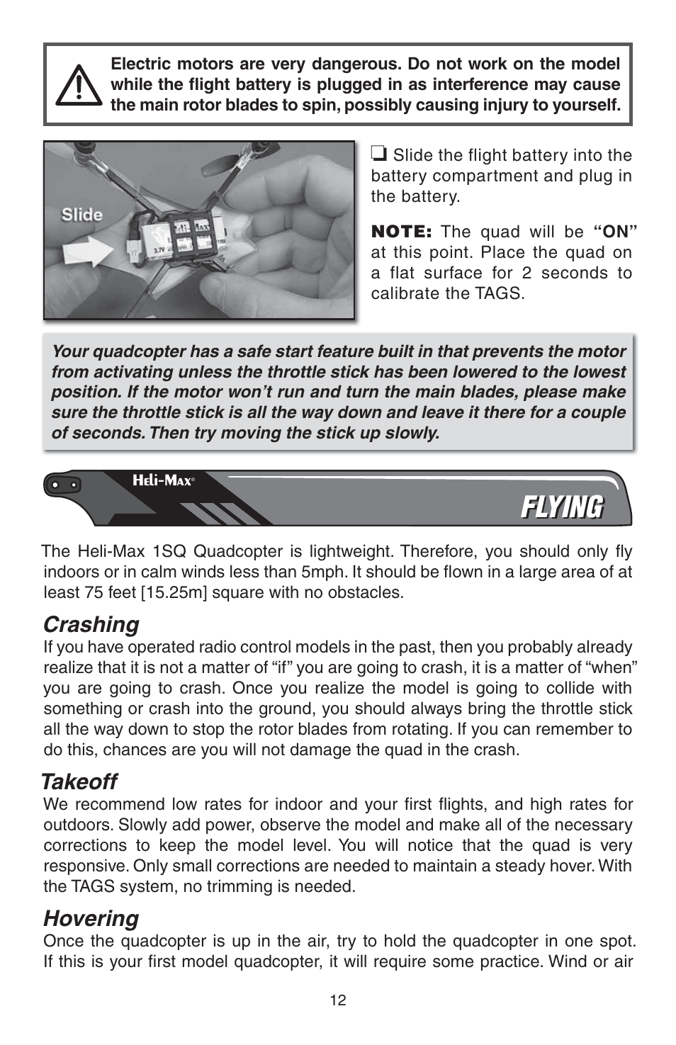 Flying, Crashing, Takeoff | Hovering | Heli-Max HMXE0835 User Manual | Page 12 / 16