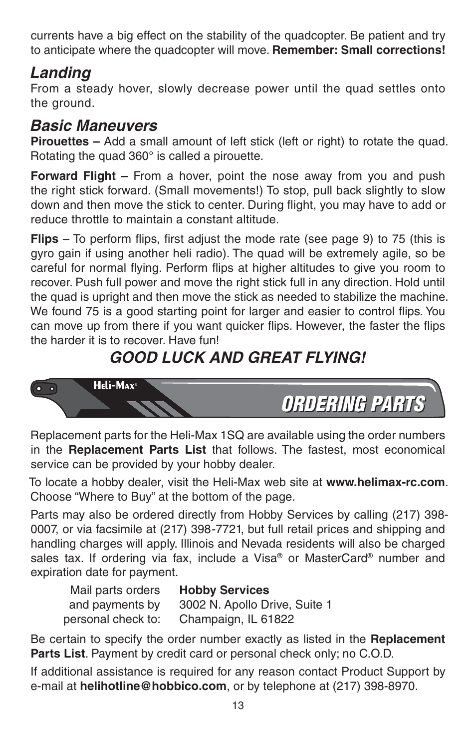 Ordering parts, Landing, Basic maneuvers | Good luck and great flying | Heli-Max HMXE0835 User Manual | Page 13 / 16