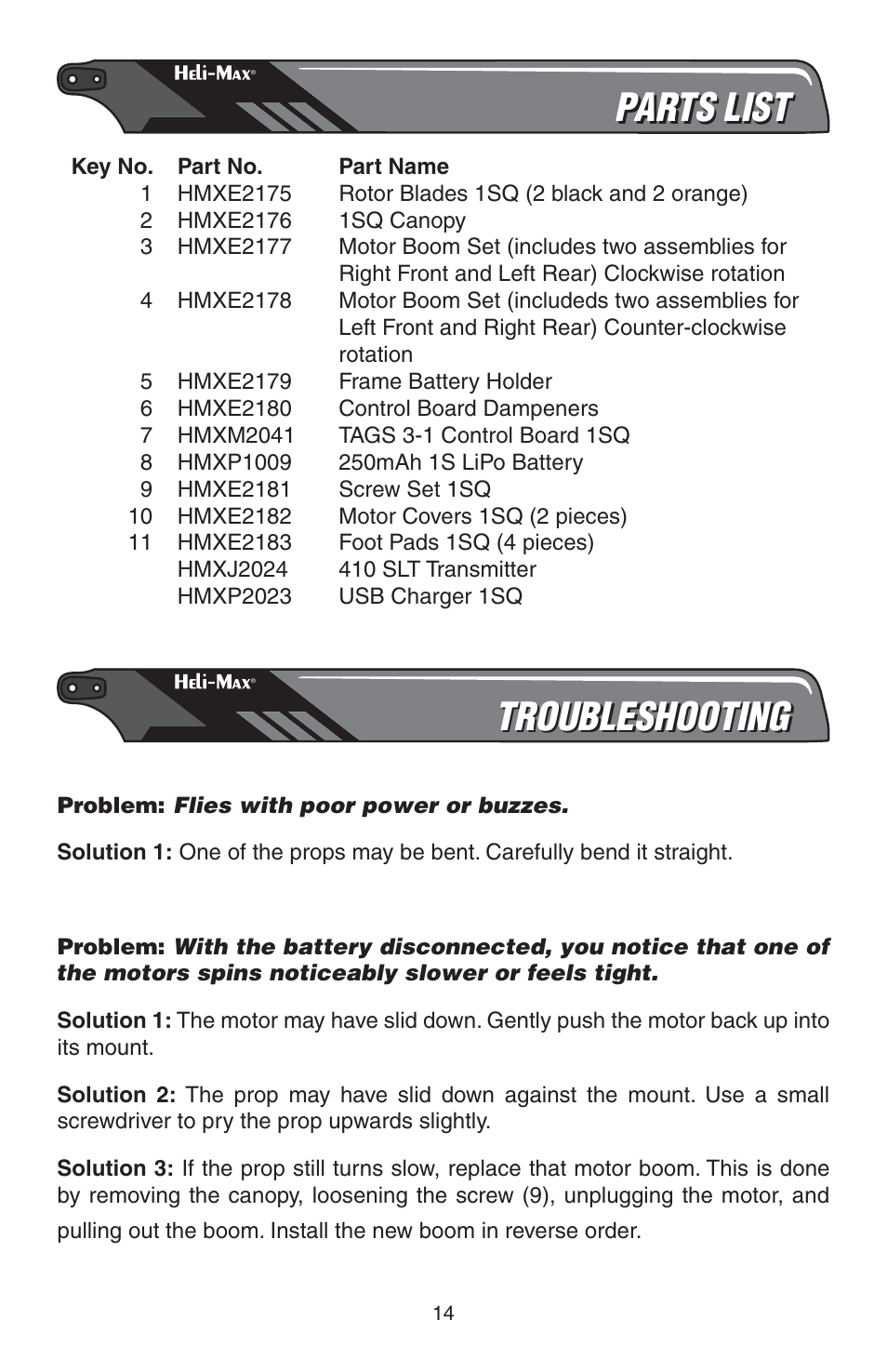 Parts list, Troubleshooting | Heli-Max HMXE0835 User Manual | Page 14 / 16