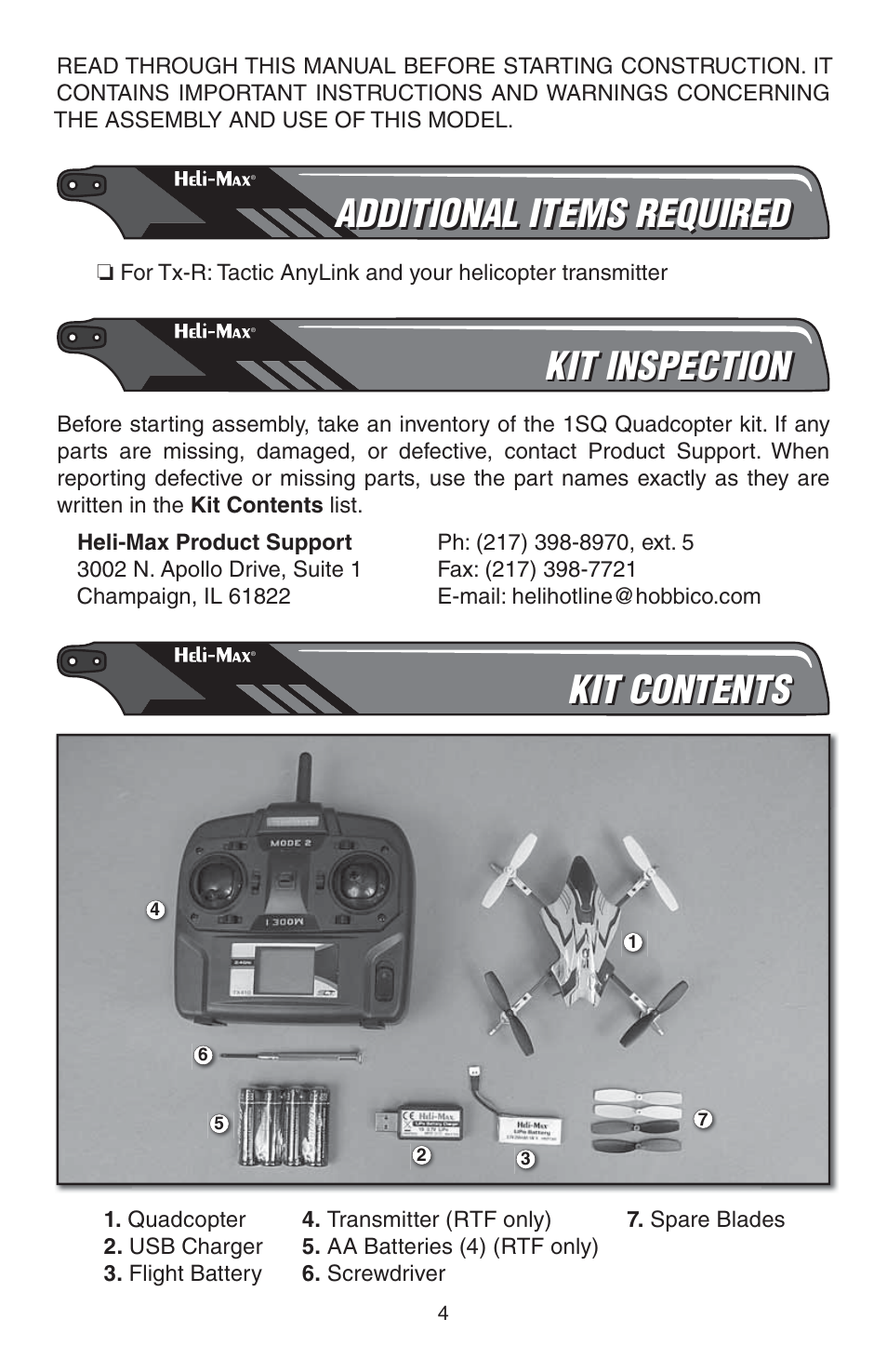Additional items required, Kit inspection, Kit contents | Heli-Max HMXE0835 User Manual | Page 4 / 16