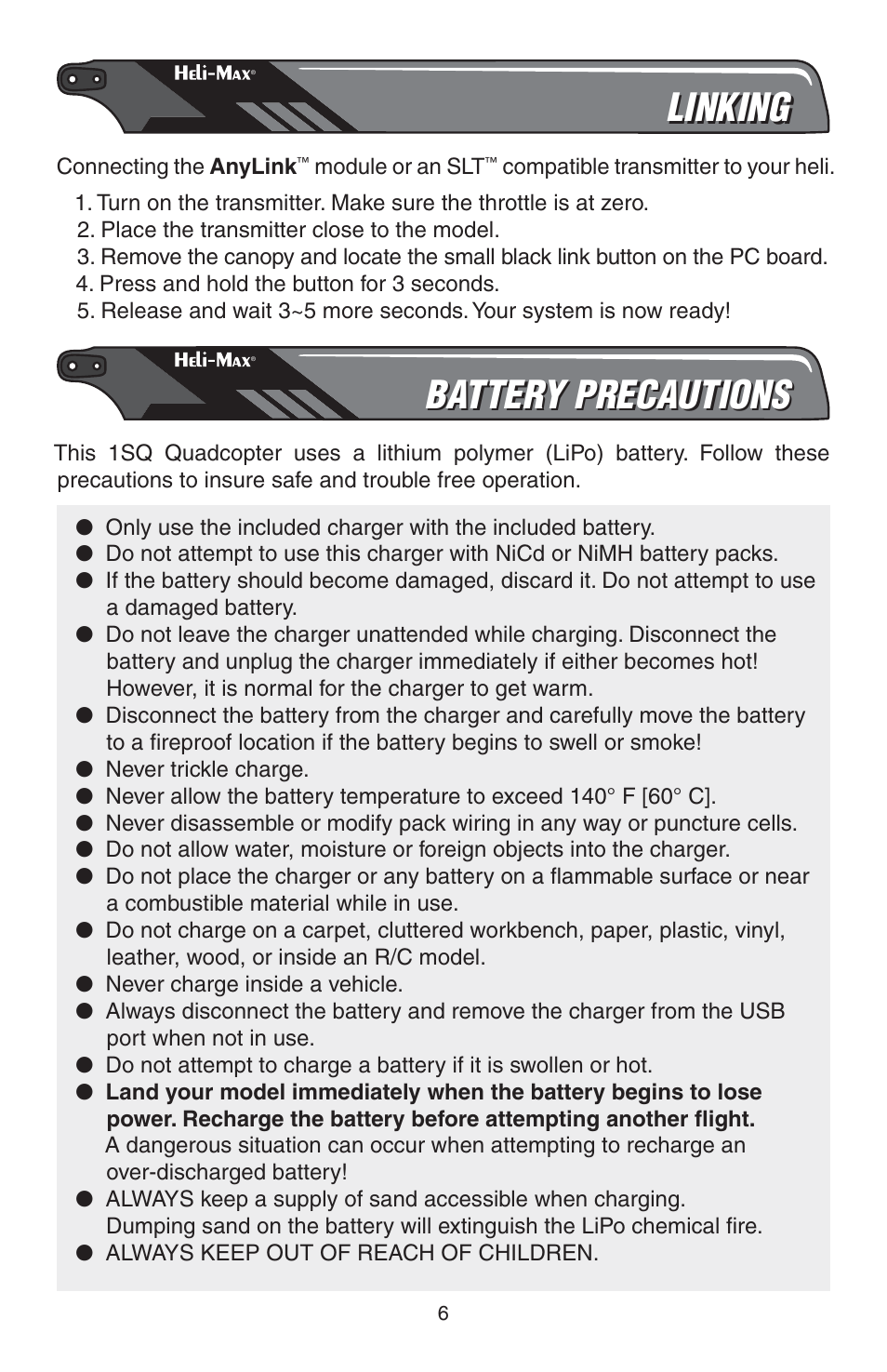 Linking, Battery precautions | Heli-Max HMXE0835 User Manual | Page 6 / 16
