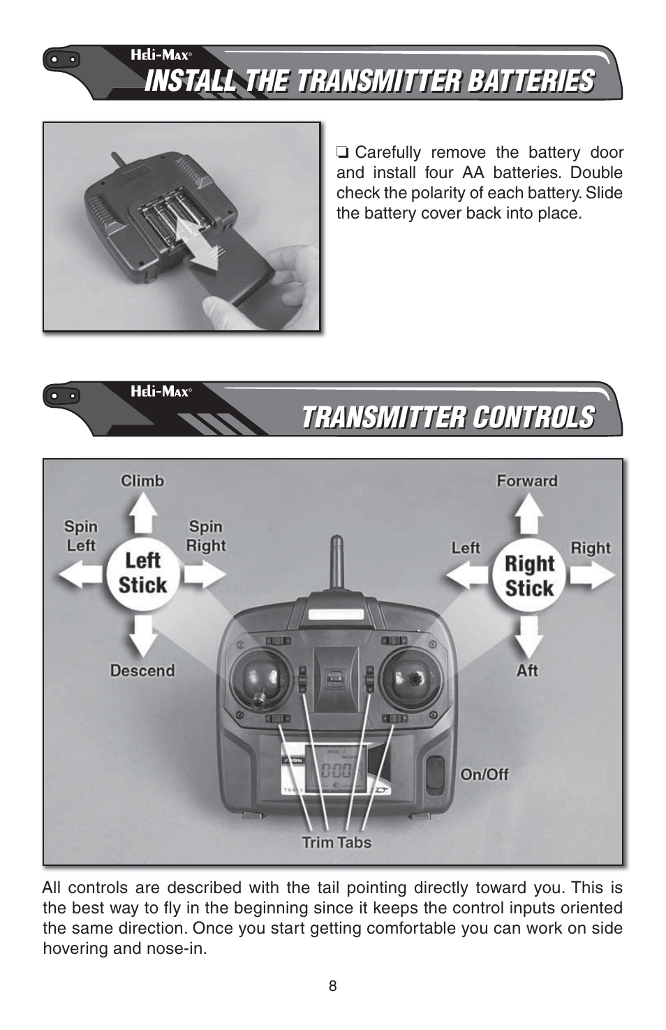 Install the transmitter batteries, Transmitter controls | Heli-Max HMXE0835 User Manual | Page 8 / 16