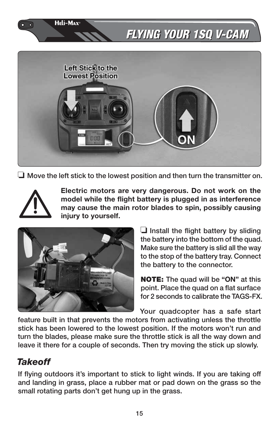 Flying your 1sq v-cam, Takeoff | Heli-Max HMXE0837 User Manual | Page 15 / 20