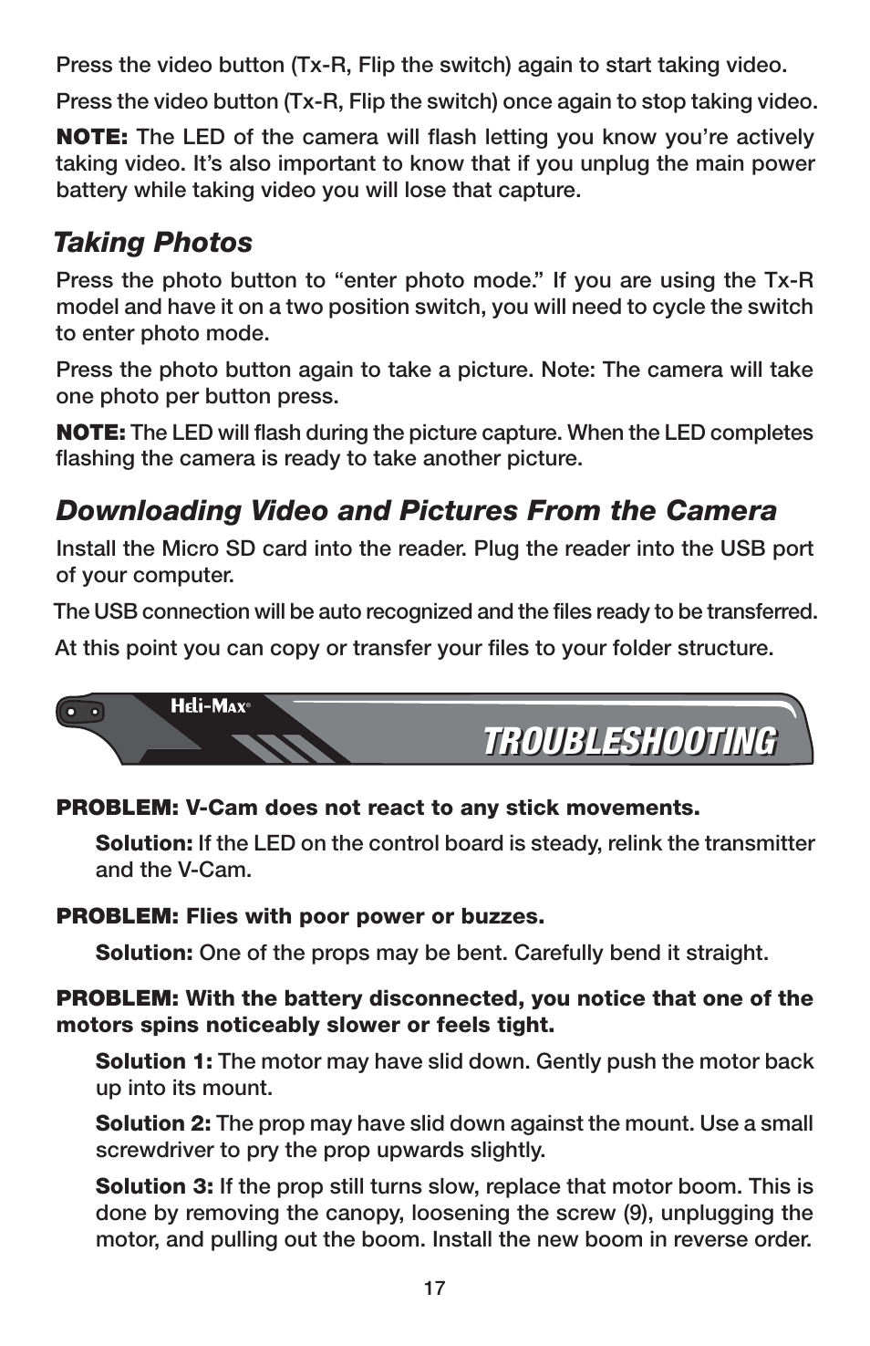 Troubleshooting, Taking photos, Downloading video and pictures from the camera | Heli-Max HMXE0837 User Manual | Page 17 / 20