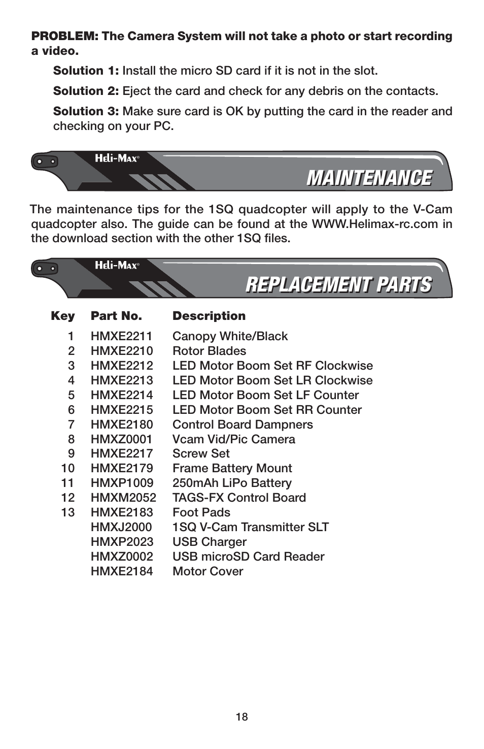 Maintenance, Replacement parts | Heli-Max HMXE0837 User Manual | Page 18 / 20