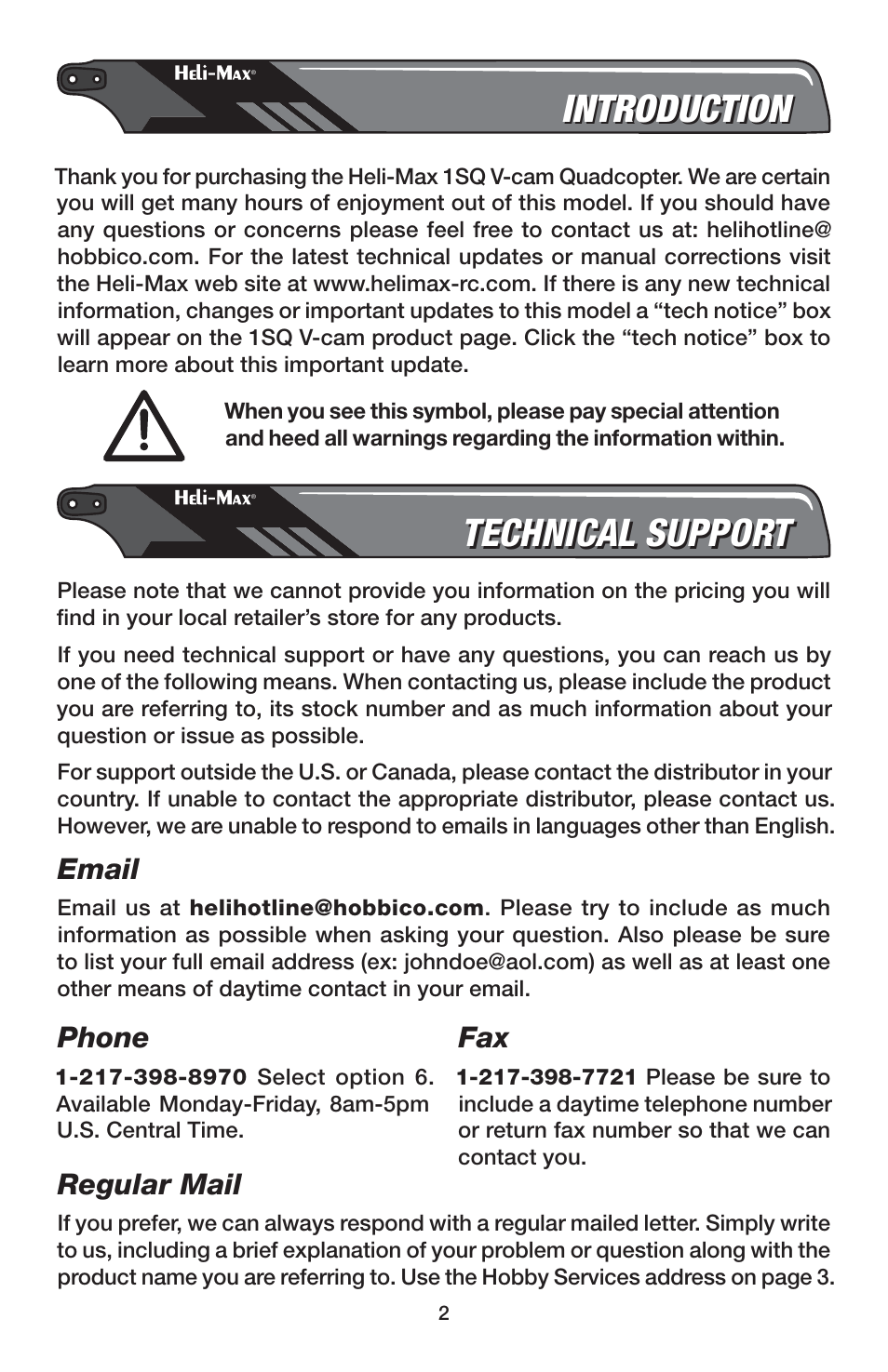 Introduction, Technical support, Email | Phone, Regular mail | Heli-Max HMXE0837 User Manual | Page 2 / 20