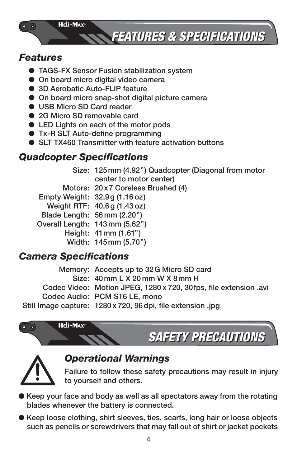 Features & specifications, Safety precautions, Features | Quadcopter specifi cations, Camera specifi cations, Operational warnings | Heli-Max HMXE0837 User Manual | Page 4 / 20