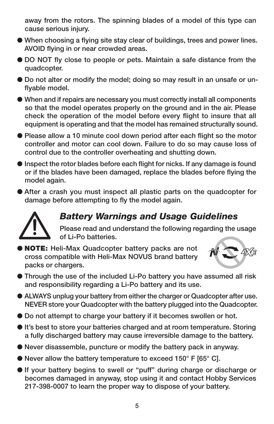 Battery warnings and usage guidelines | Heli-Max HMXE0837 User Manual | Page 5 / 20