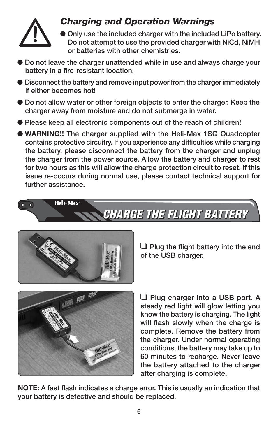 Charge the flight battery, Charging and operation warnings | Heli-Max HMXE0837 User Manual | Page 6 / 20