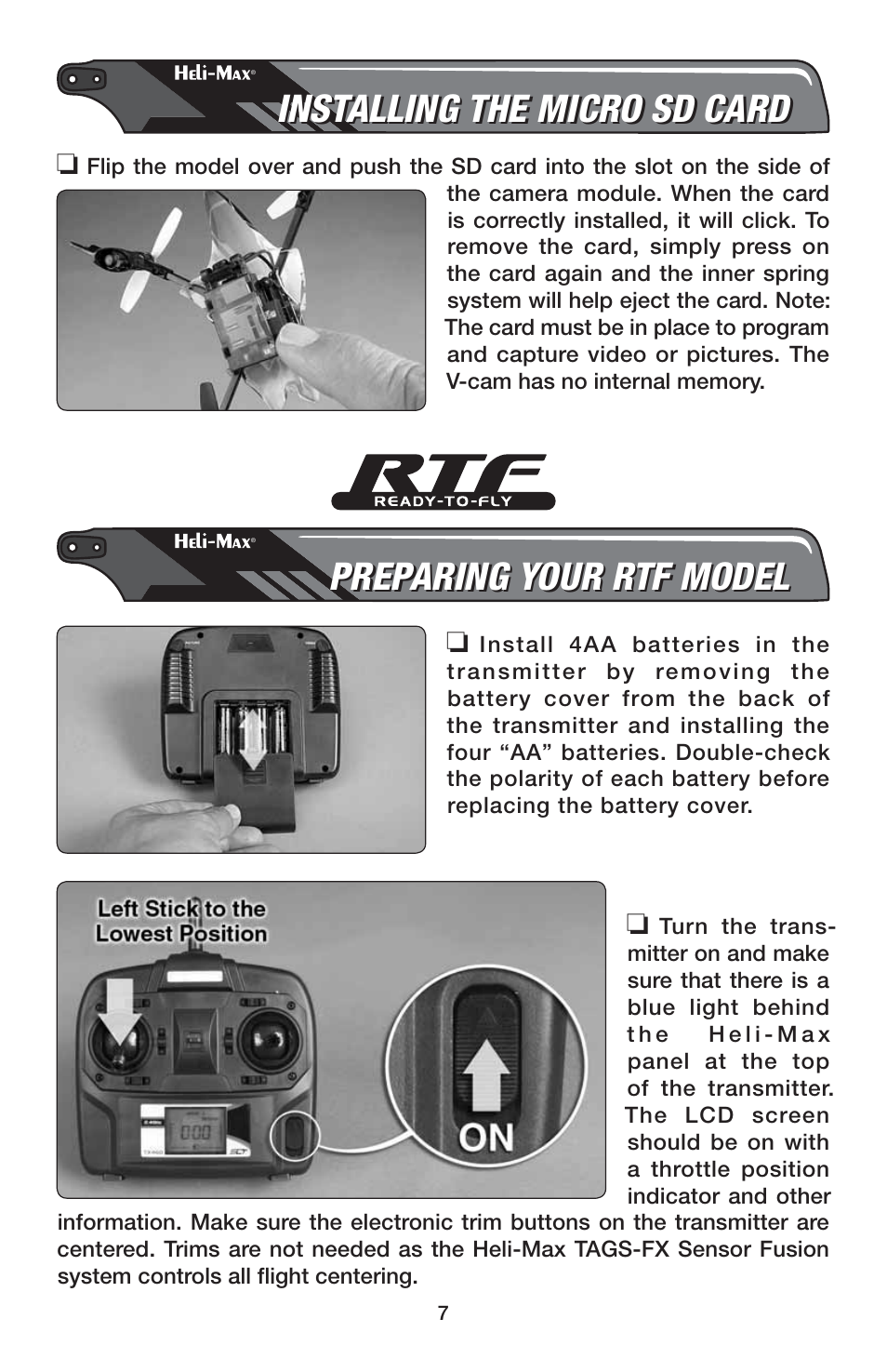 Installing the micro sd card, Preparing your rtf model | Heli-Max HMXE0837 User Manual | Page 7 / 20