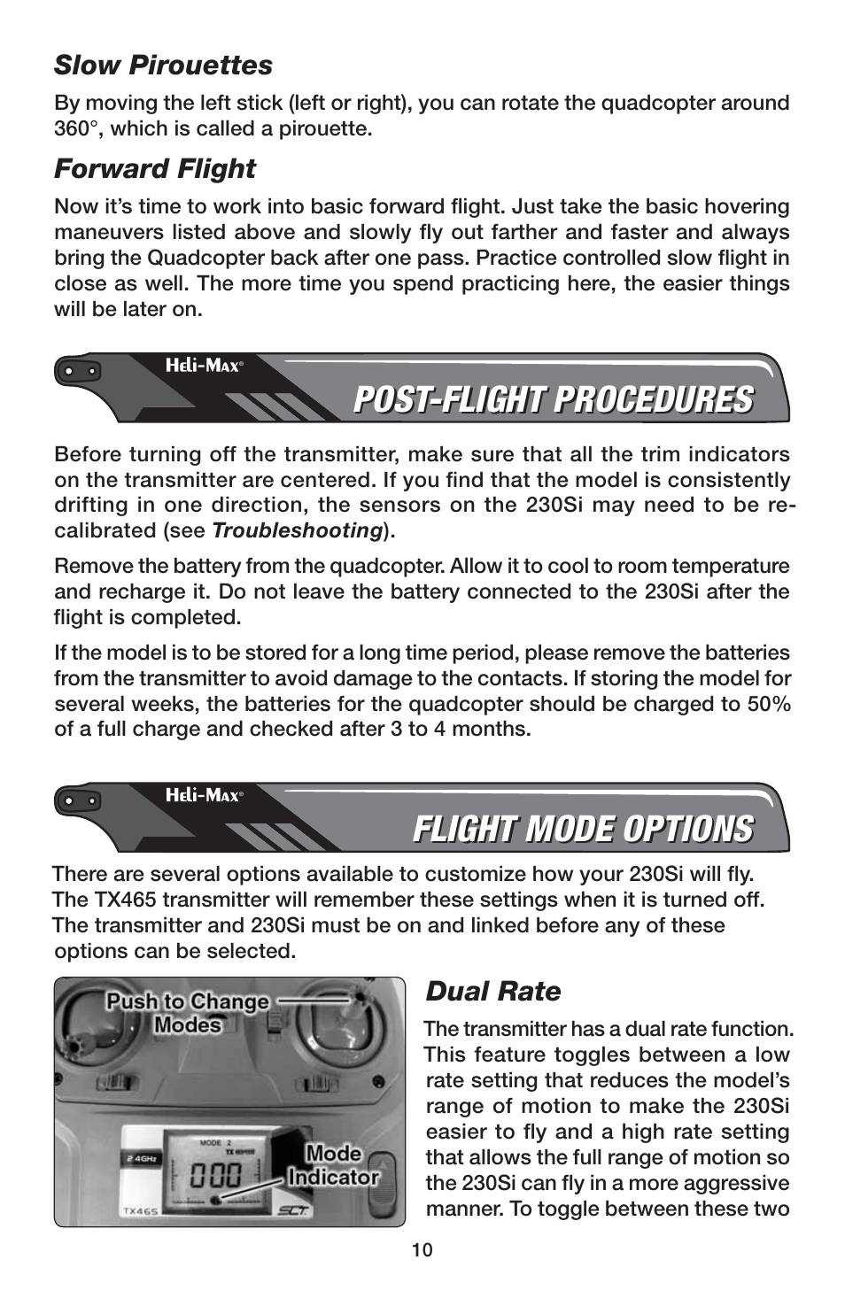 Post-flight procedures, Flight mode options, Slow pirouettes | Forward flight, Dual rate | Heli-Max HMXE0847 User Manual | Page 10 / 20