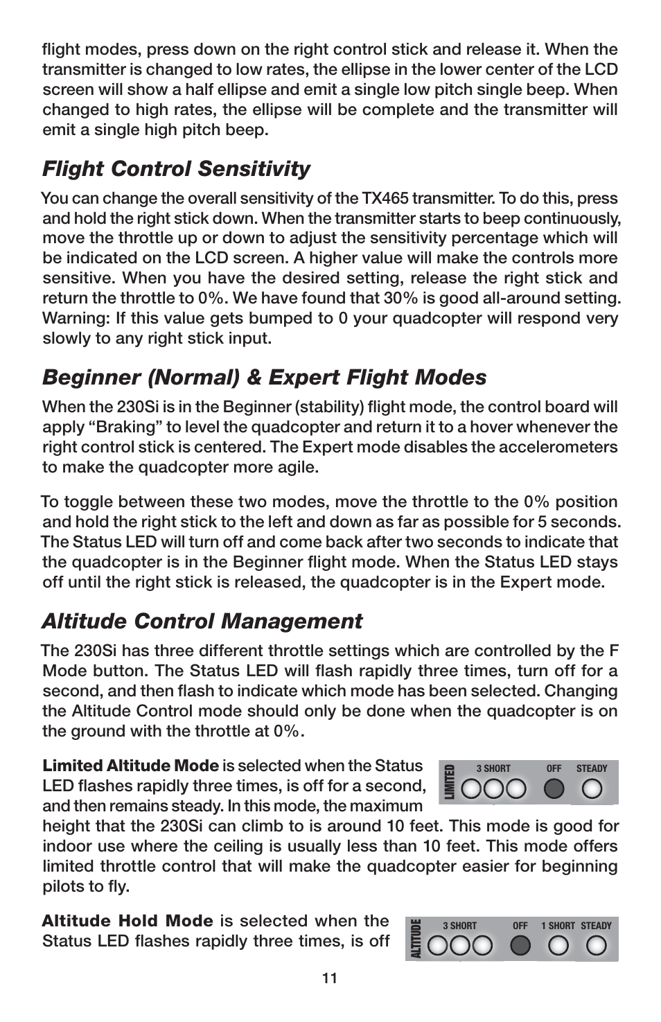 Flight control sensitivity, Beginner (normal) & expert flight modes, Altitude control management | Heli-Max HMXE0847 User Manual | Page 11 / 20