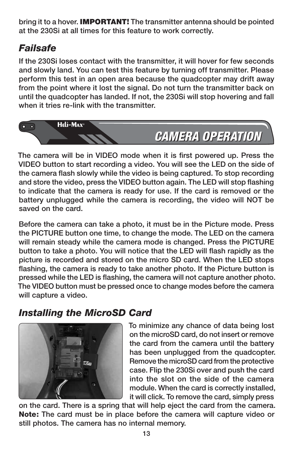 Camera operation, Failsafe, Installing the microsd card | Heli-Max HMXE0847 User Manual | Page 13 / 20