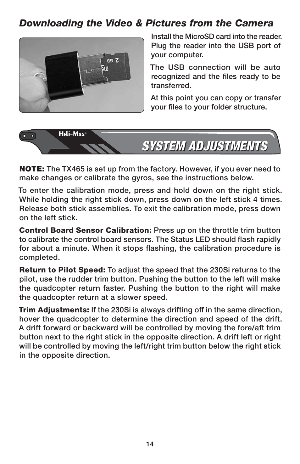 System adjustments, Downloading the video & pictures from the camera | Heli-Max HMXE0847 User Manual | Page 14 / 20
