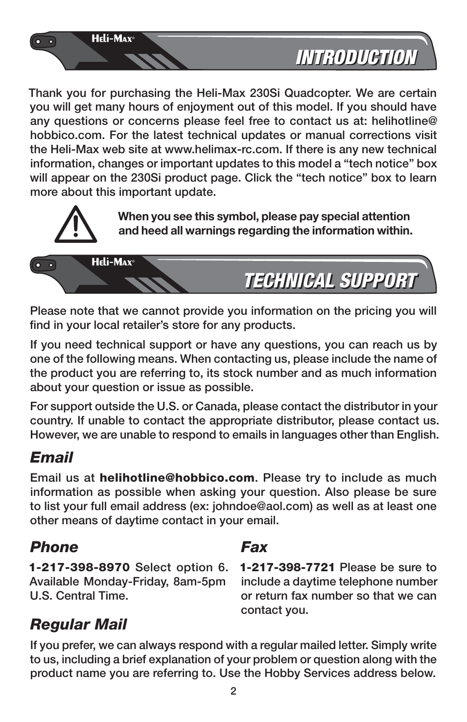 Introduction, Technical support, Email | Phone, Regular mail | Heli-Max HMXE0847 User Manual | Page 2 / 20
