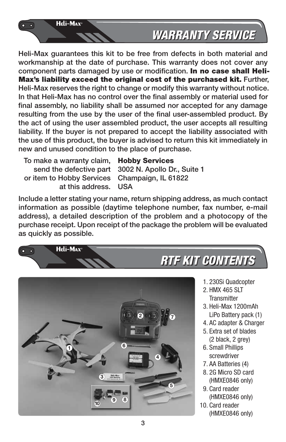 Warranty service, Rtf kit contents | Heli-Max HMXE0847 User Manual | Page 3 / 20