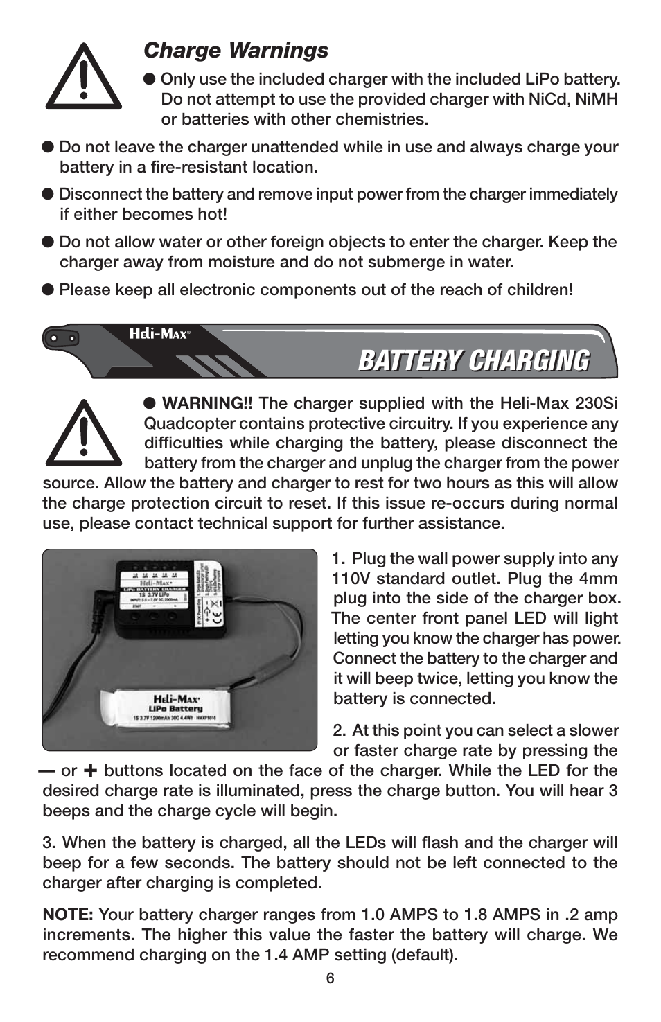 Battery charging, Charge warnings | Heli-Max HMXE0847 User Manual | Page 6 / 20