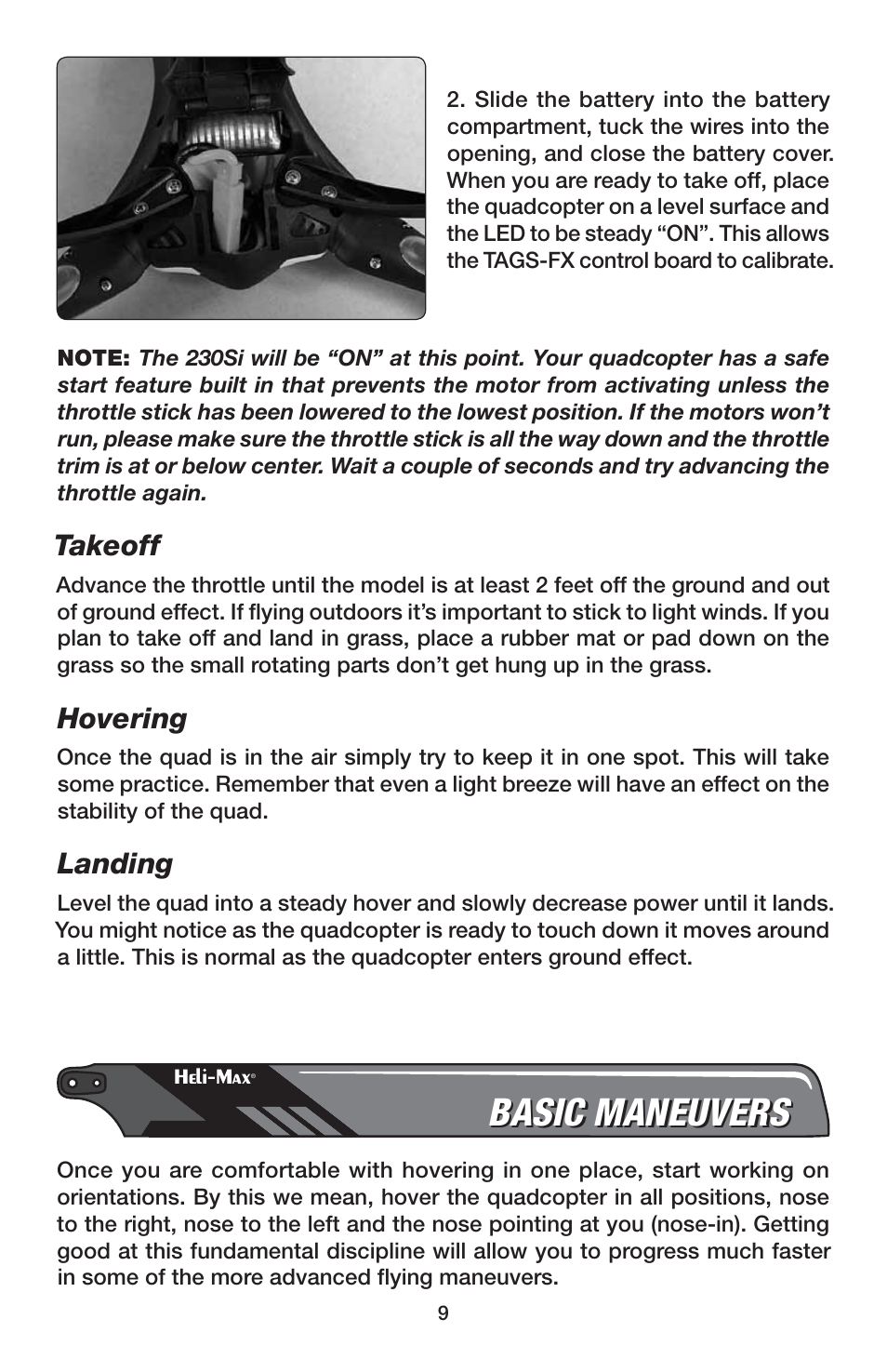 Basic maneuvers, Takeoff, Hovering | Landing | Heli-Max HMXE0847 User Manual | Page 9 / 20