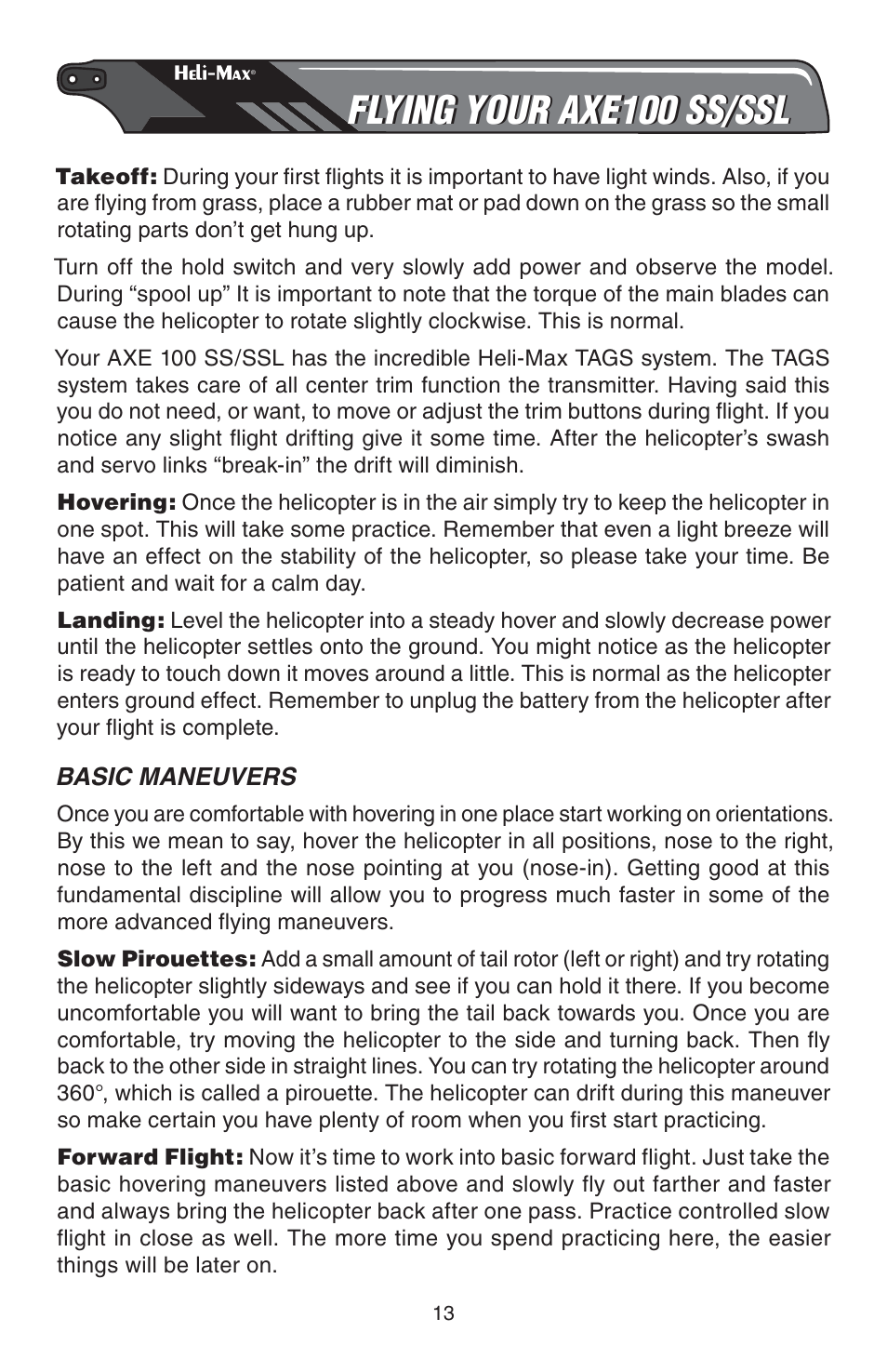 Flying your axe100 ss/ssl | Heli-Max HMXE0828 User Manual | Page 13 / 28