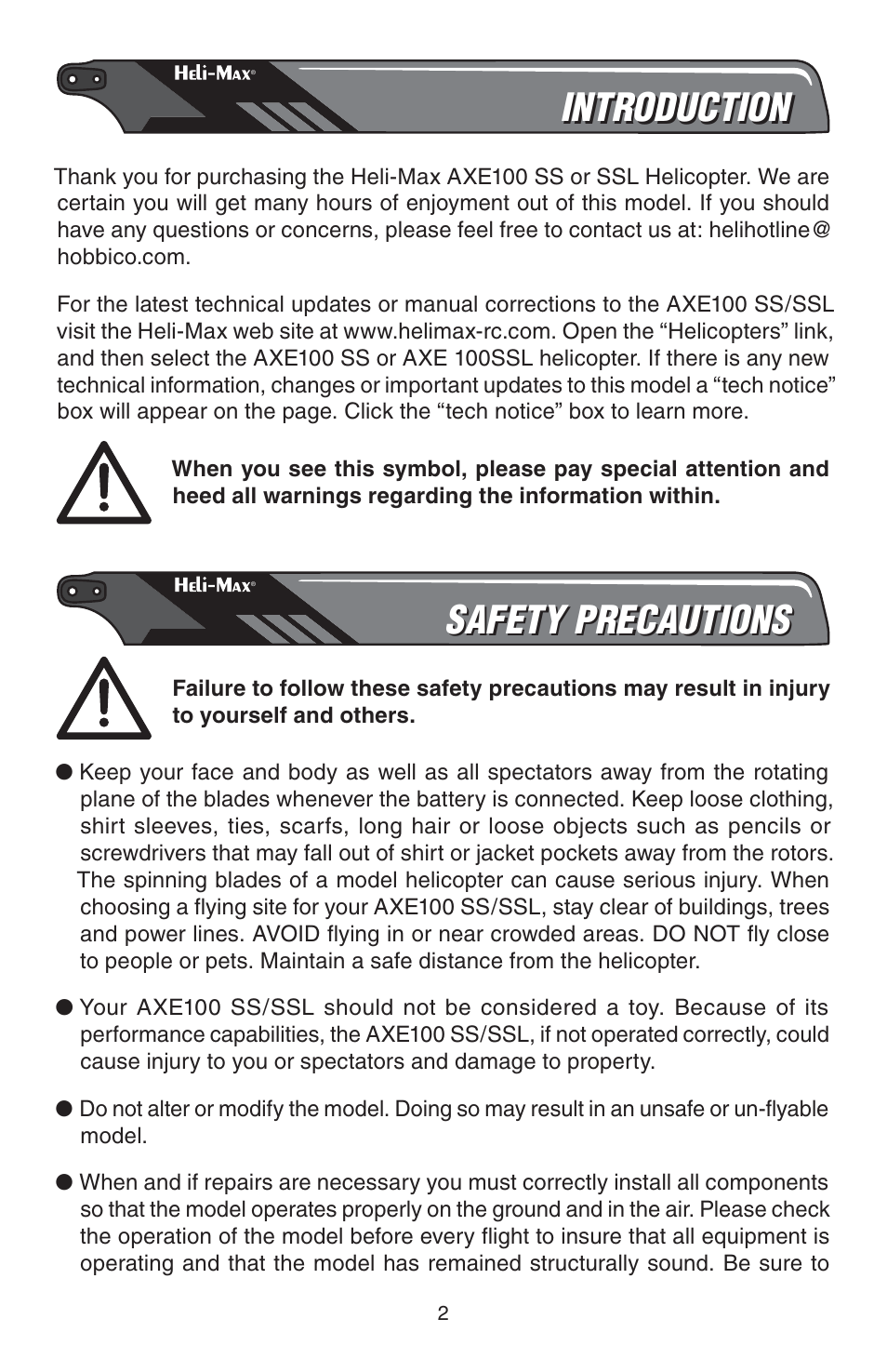 Introduction, Safety precautions | Heli-Max HMXE0828 User Manual | Page 2 / 28