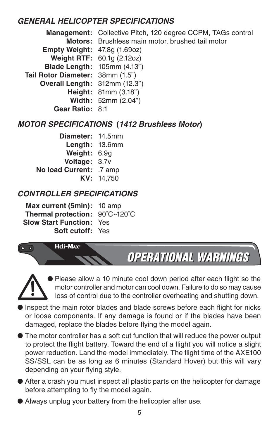 Operational warnings | Heli-Max HMXE0828 User Manual | Page 5 / 28
