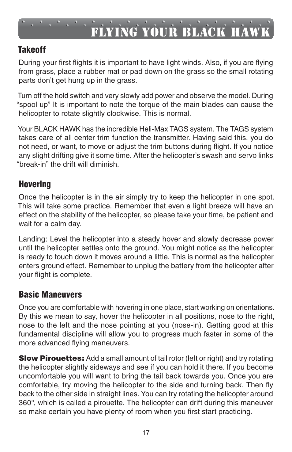 Flying your black hawk | Heli-Max HMXE0839 User Manual | Page 17 / 20