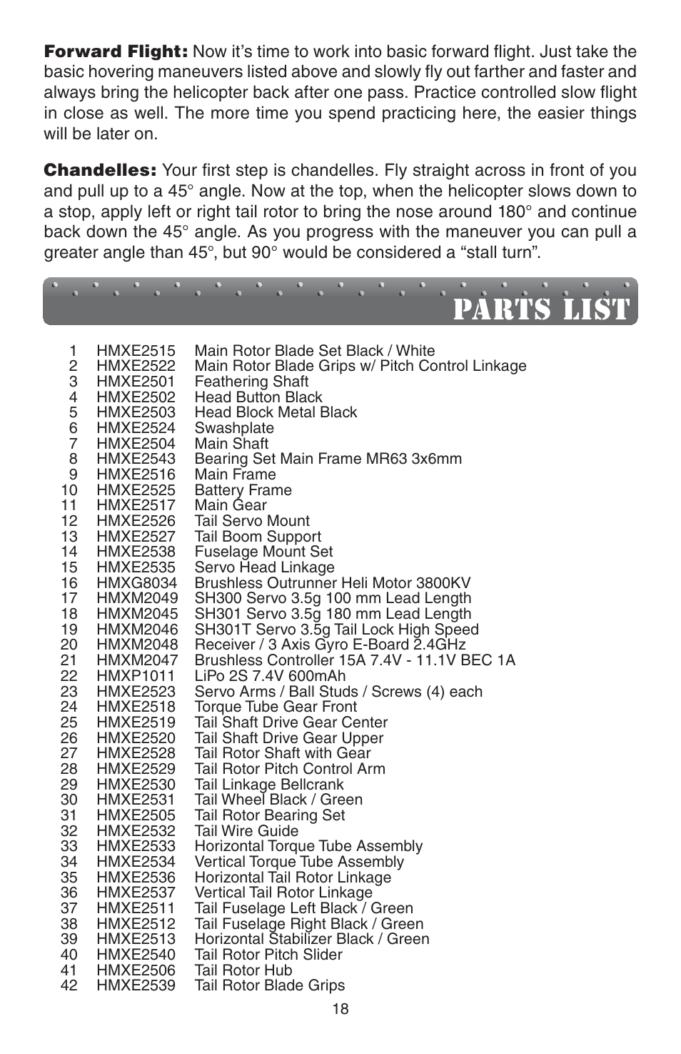 Parts list | Heli-Max HMXE0839 User Manual | Page 18 / 20