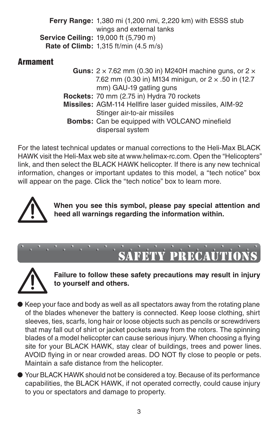 Safety precautions, Armament | Heli-Max HMXE0839 User Manual | Page 3 / 20