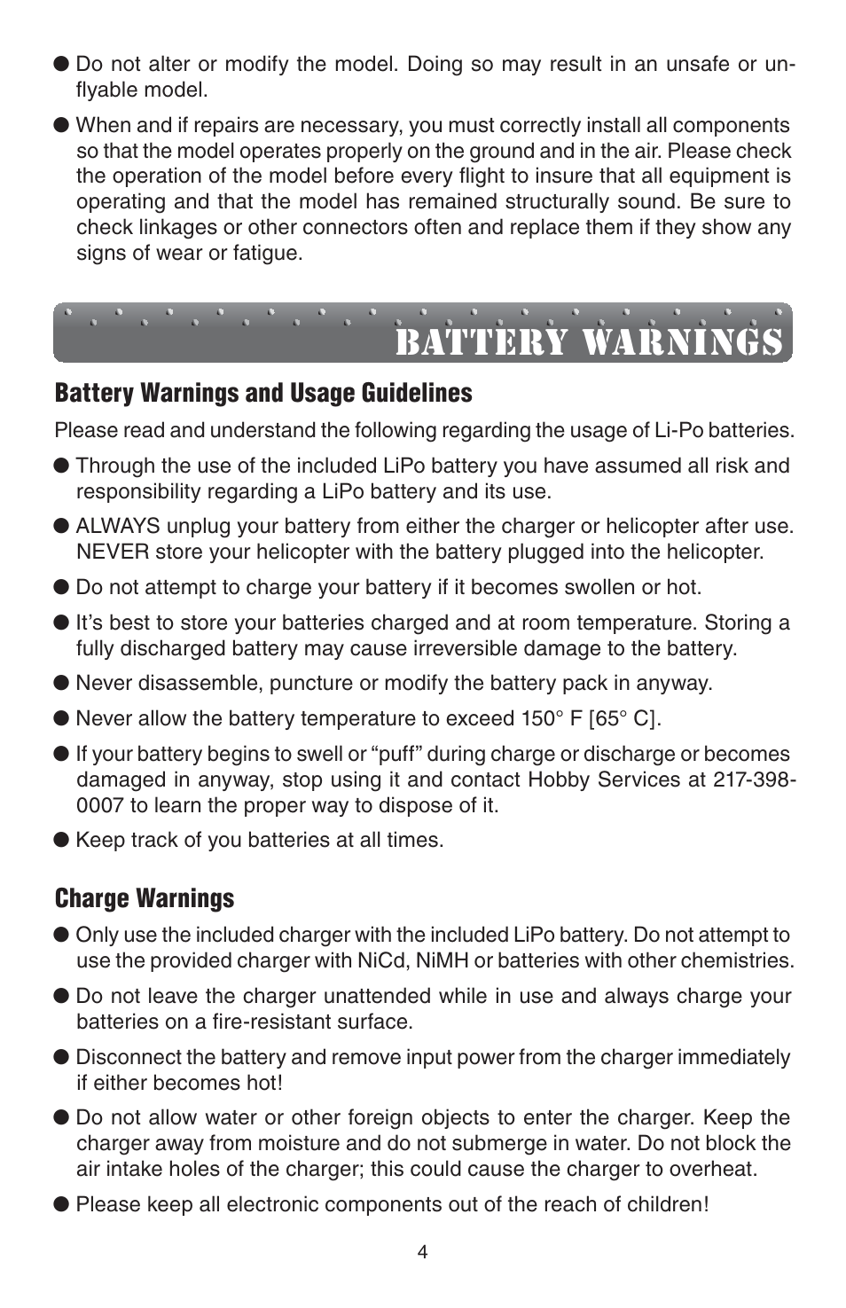 Battery warnings | Heli-Max HMXE0839 User Manual | Page 4 / 20