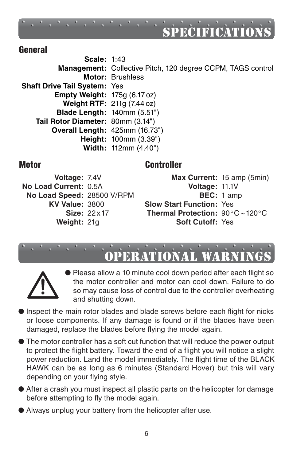 Specifications, Operational warnings | Heli-Max HMXE0839 User Manual | Page 6 / 20