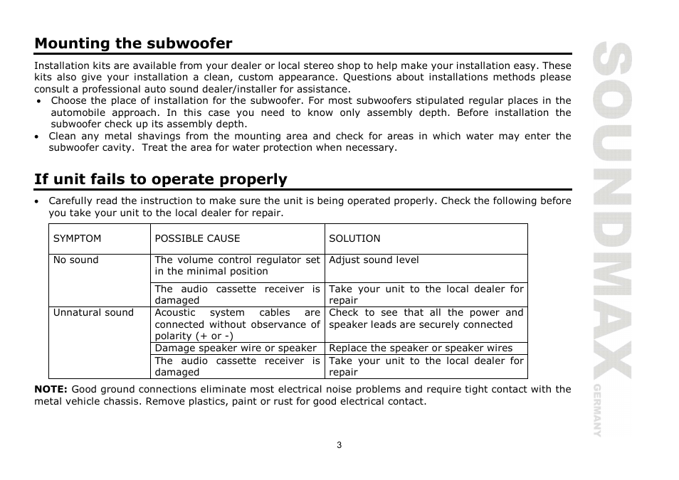 Mounting the subwoofer, If unit fails to operate properly | SoundMax SM-CSP12 User Manual | Page 3 / 7