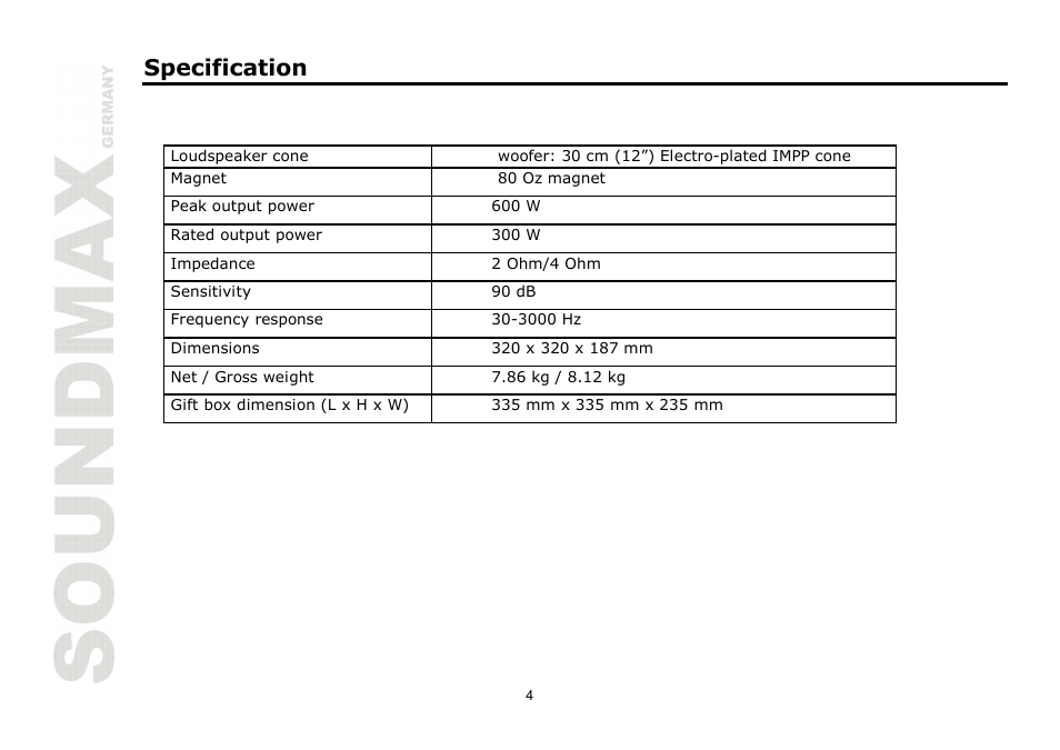 Specification | SoundMax SM-CSP12 User Manual | Page 4 / 7