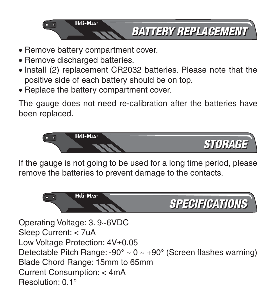 Battery replacement, Storage, Specifications | Heli-Max HMXR4854 User Manual | Page 6 / 8