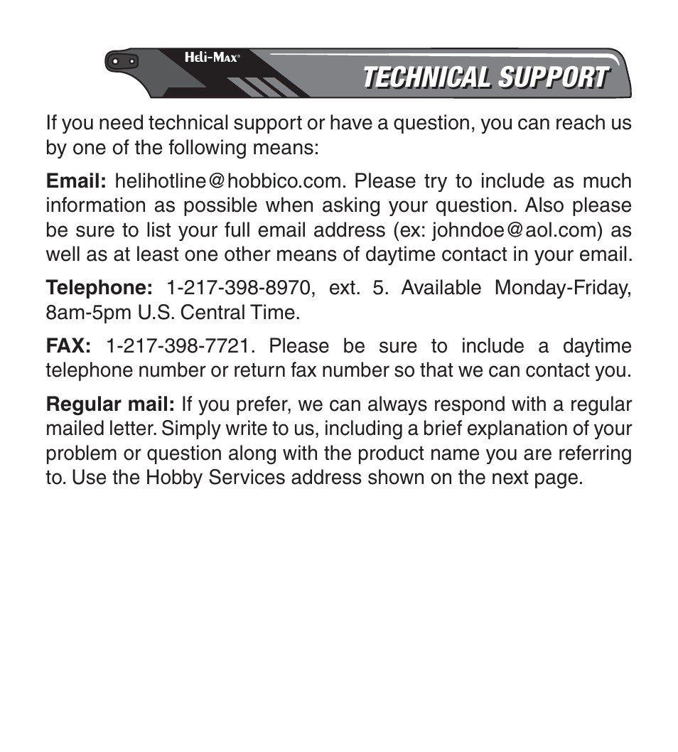 Technical support | Heli-Max HMXR4854 User Manual | Page 7 / 8