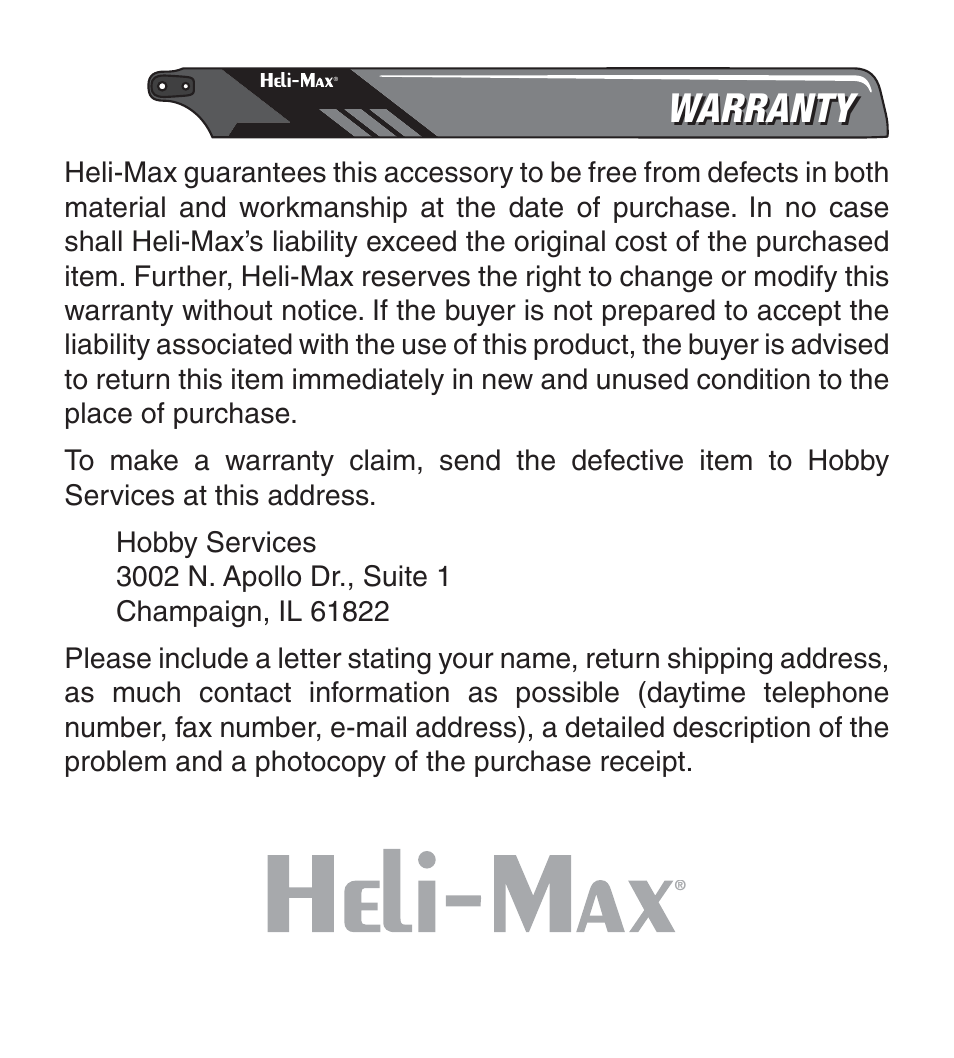 Warranty | Heli-Max HMXR4854 User Manual | Page 8 / 8