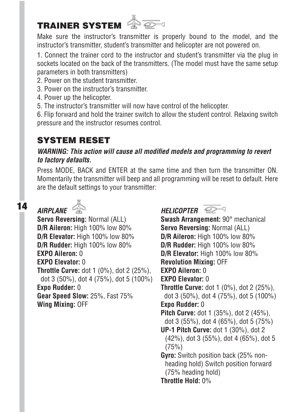Trainer system, System reset | Heli-Max HMXJ2025 User Manual | Page 14 / 16