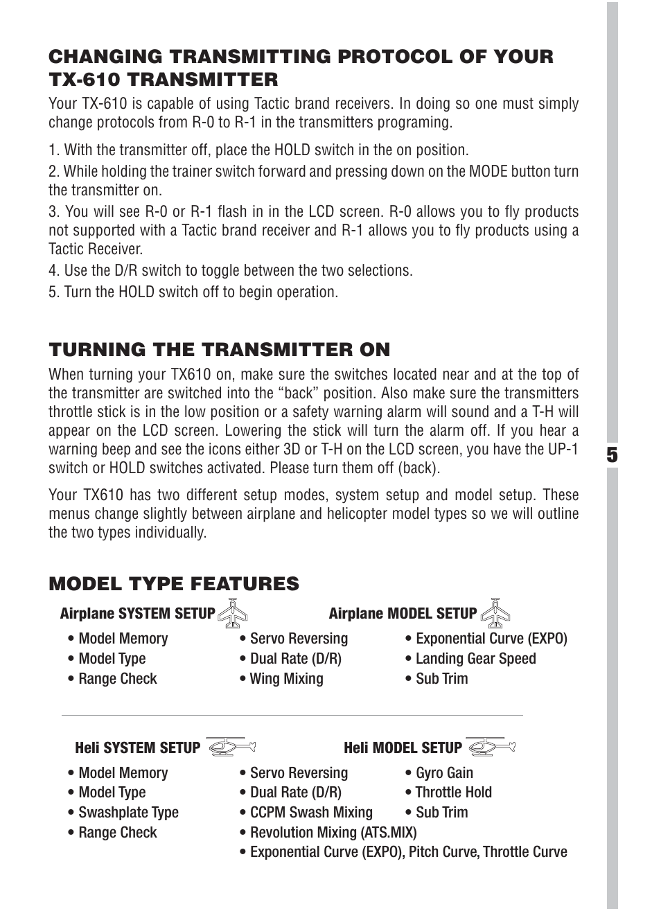 Turning the transmitter on, Model type features | Heli-Max HMXJ2025 User Manual | Page 5 / 16