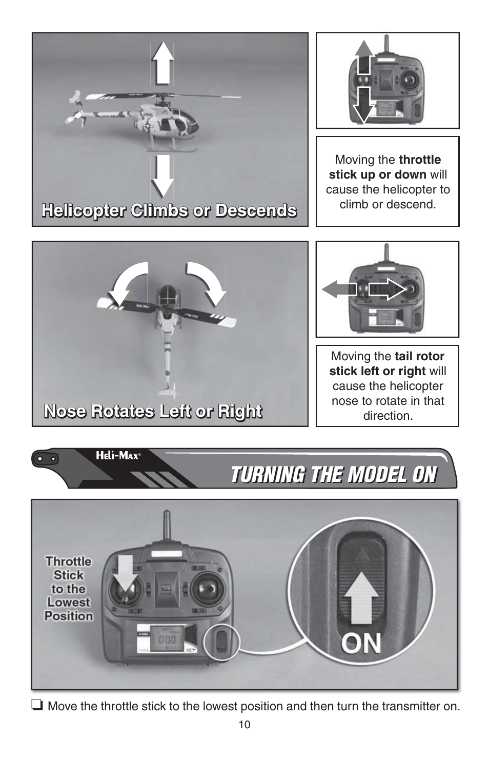 Turning the model on, Helicopter climbs or descends, Nose rotates left or right | Heli-Max HMXE0814 User Manual | Page 10 / 16
