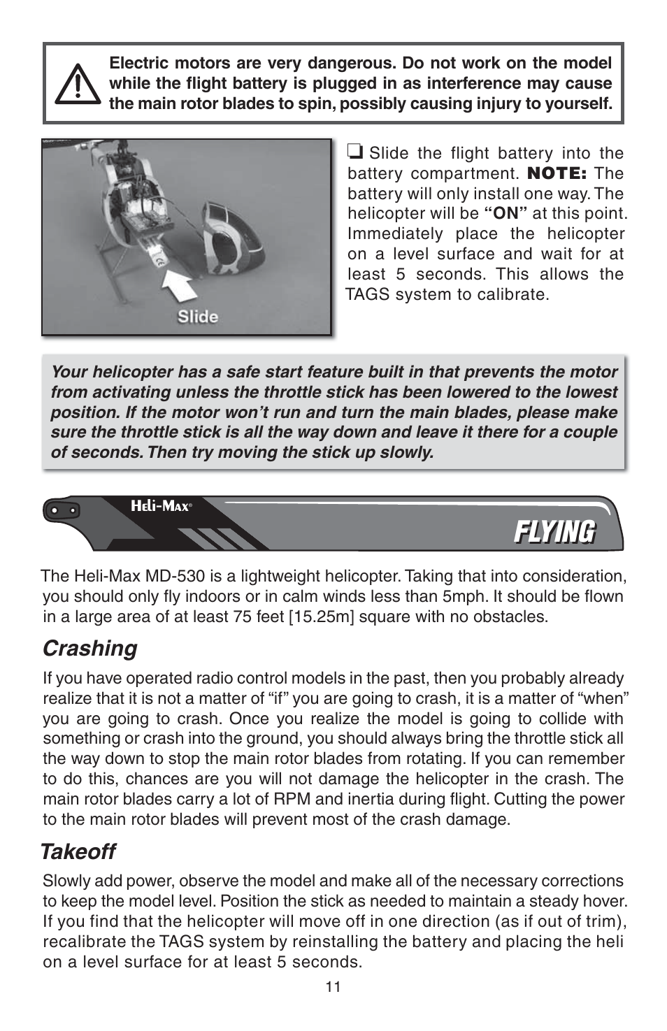Flying, Crashing, Takeoff | Heli-Max HMXE0814 User Manual | Page 11 / 16