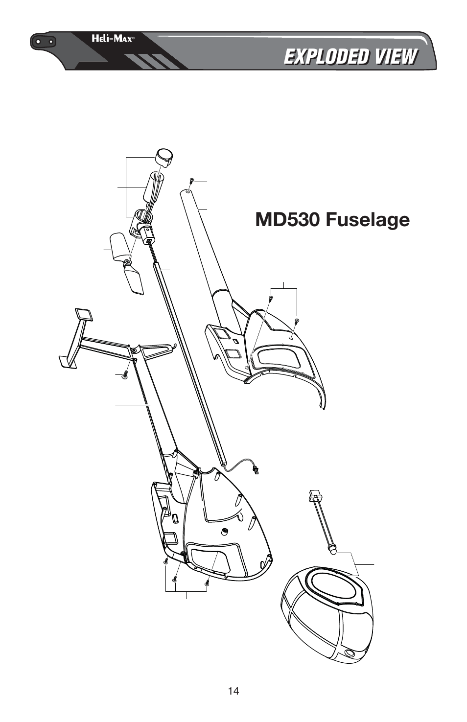 Md530 fuselage, Exploded view | Heli-Max HMXE0814 User Manual | Page 14 / 16