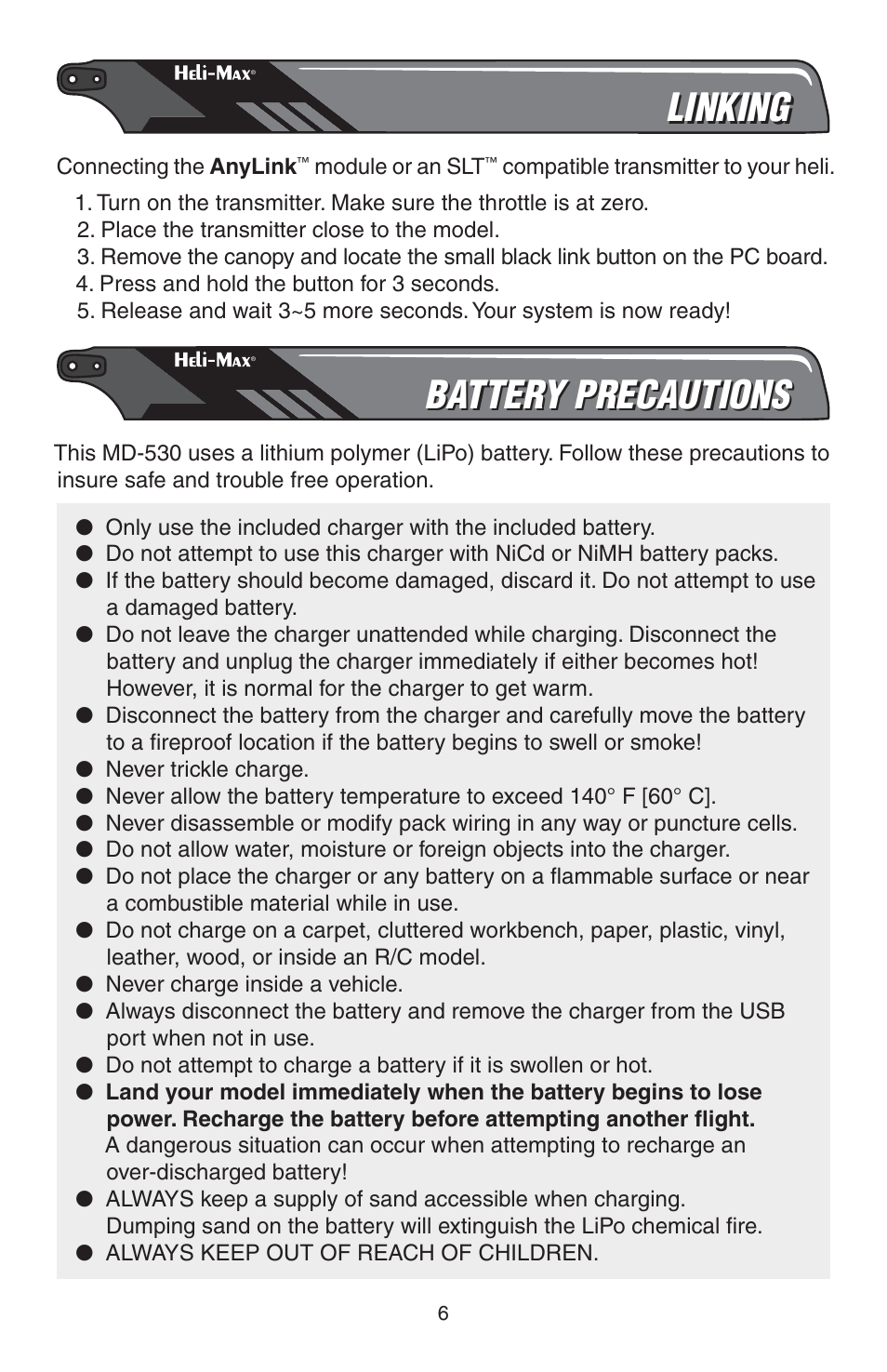 Linking, Battery precautions | Heli-Max HMXE0814 User Manual | Page 6 / 16