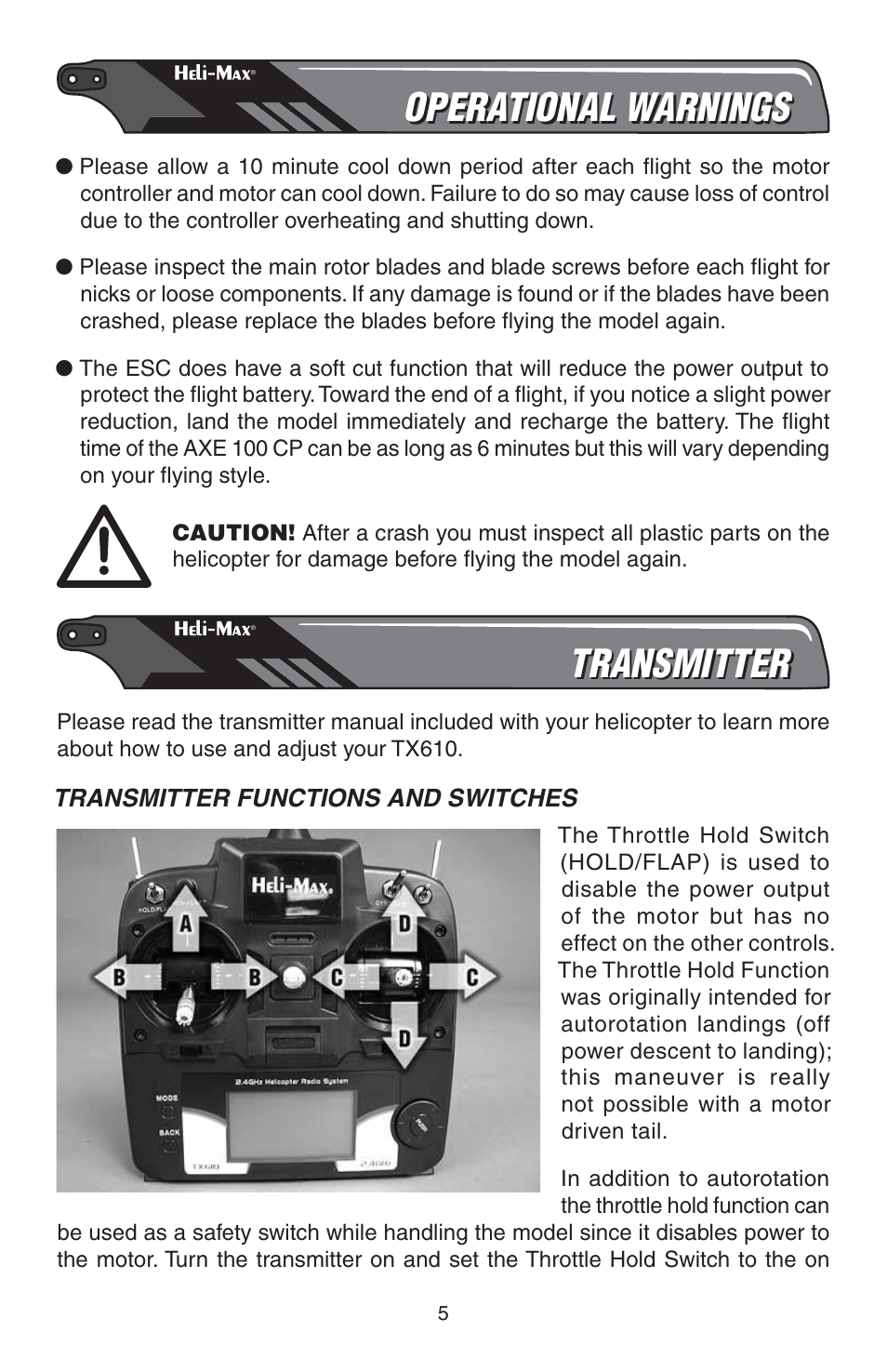 Operational warnings, Transmitter | Heli-Max HMXE0821 User Manual | Page 5 / 24
