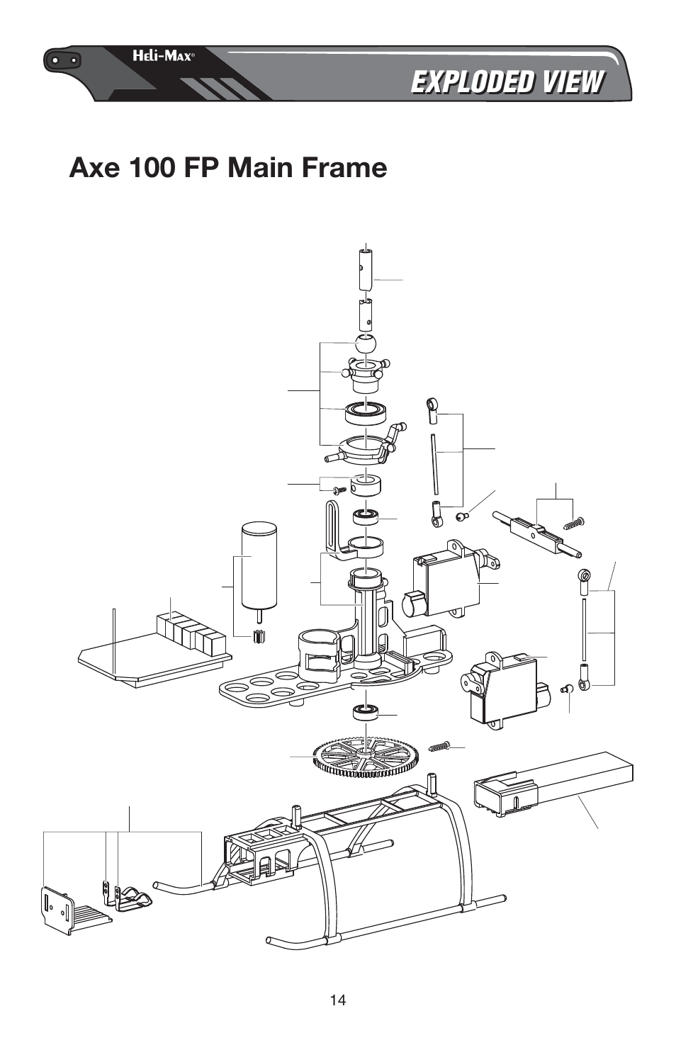 Axe 100 fp main frame, Exploded view | Heli-Max HMXE0816 User Manual | Page 14 / 16