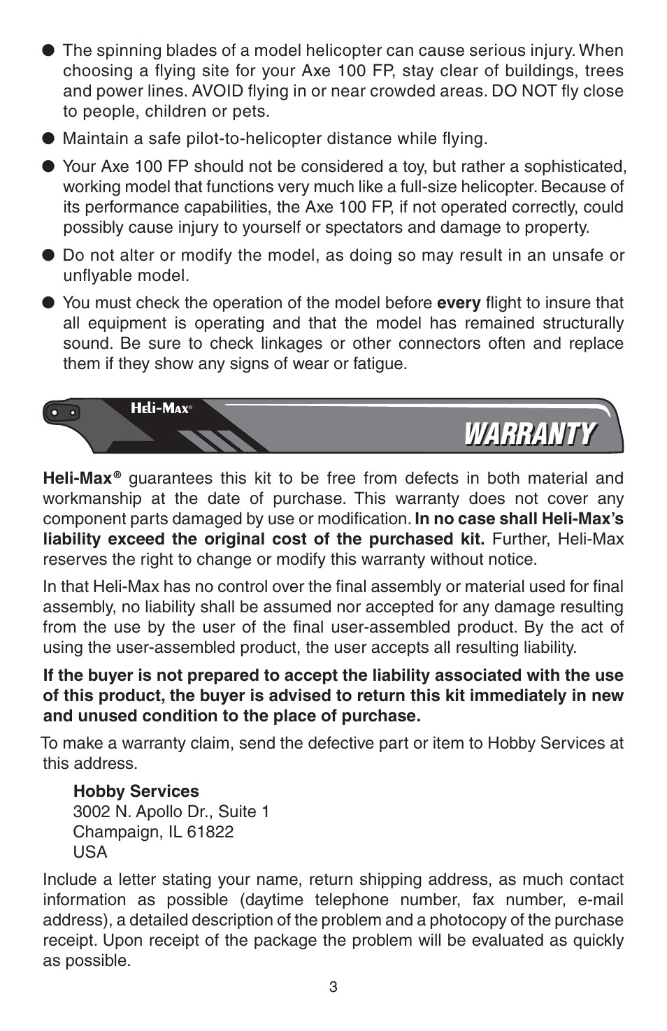 Warranty | Heli-Max HMXE0816 User Manual | Page 3 / 16