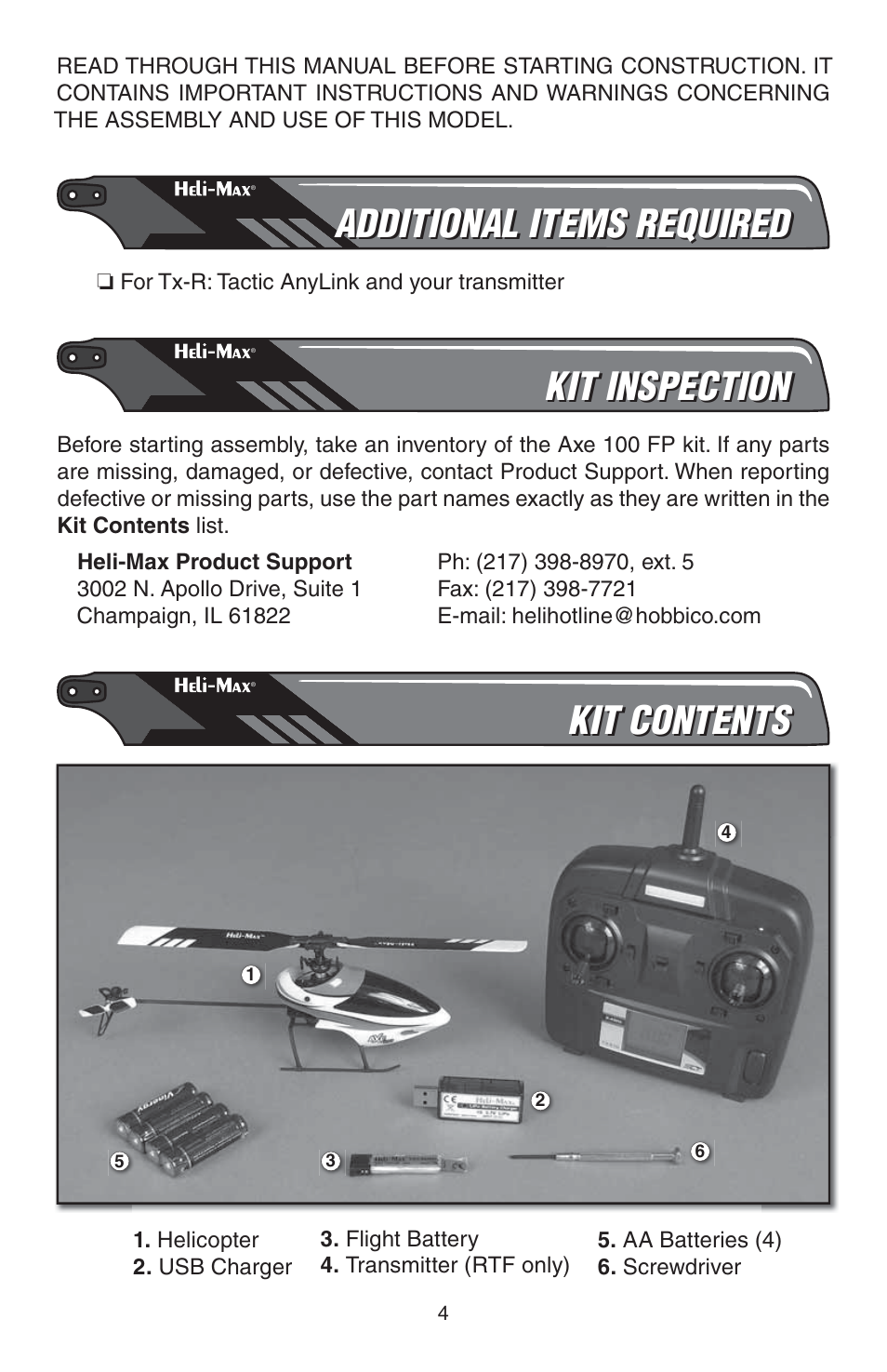 Additional items required, Kit inspection, Kit contents | Heli-Max HMXE0816 User Manual | Page 4 / 16
