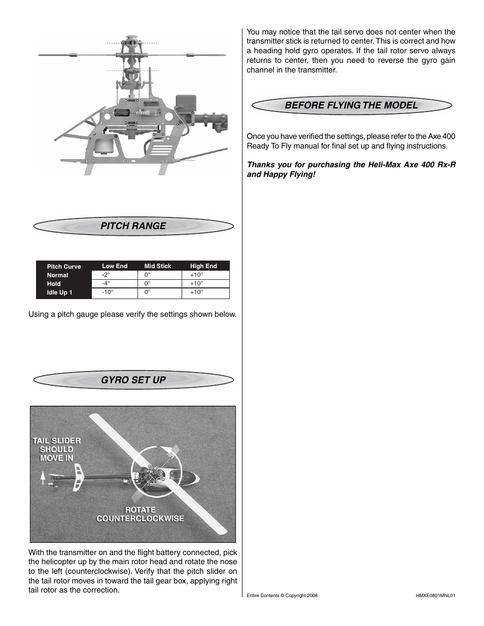 Pitch range, Gyro set up, Before flying the model | Heli-Max HMXE0801 User Manual | Page 4 / 4