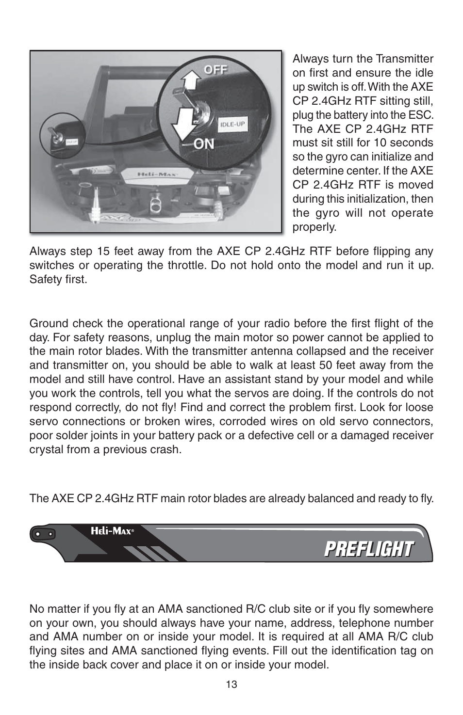 Preflight | Heli-Max HMXE0810 User Manual | Page 13 / 36