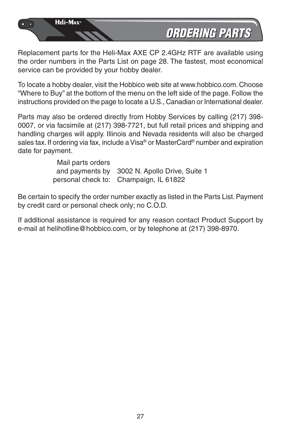 Ordering parts | Heli-Max HMXE0810 User Manual | Page 27 / 36
